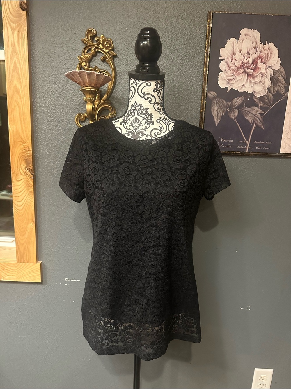 George Black Floral Lace Short Sleeve Top